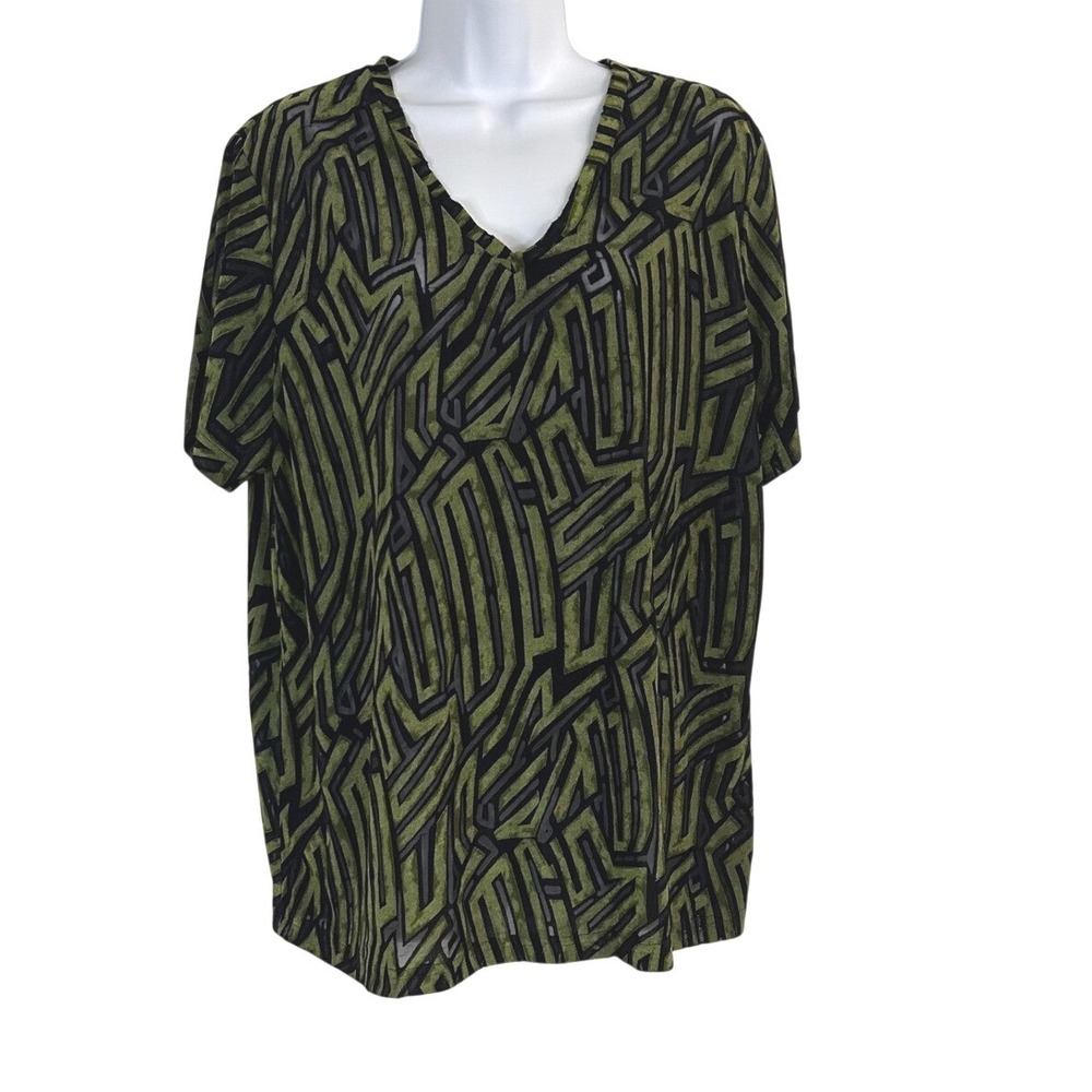 Alabuy Olive Green Black Geometric Burnout V-Neck Short Sleeve Top Women's L/XL